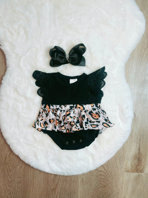 Bowtism Baby Lace Cheetah Romper with Matching Bow - Bowtism