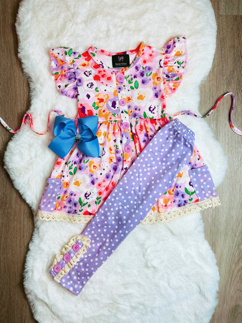 Bowtism Floral Sasha Pants Set with Matching Bow - Bowtism