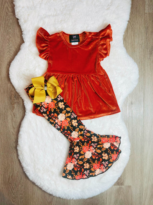 Bowtism Girls Velvet Evelyn Floral Fall Flare Pants Set with Matching Bow - Bowtism