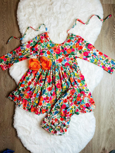 Bowtism Girls Floral Julia Ruffled Dress with Shorts and Matching Bow - Bowtism