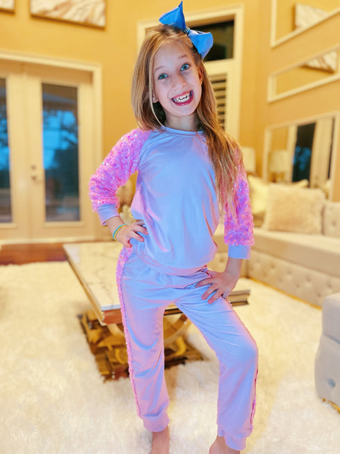Bowtism Girls Lilac Sparkle Lounge Set with Matching Bow - Bowtism