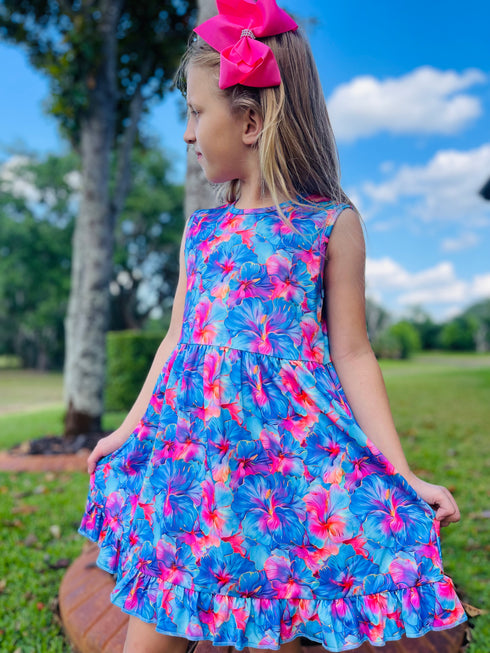 Girls Bright Hawaiian Hibiscus Dress with Matching Bow - Bowtism