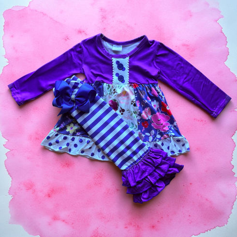 Girls Purple Floral Ruffle Pants Set with Ruffle Top