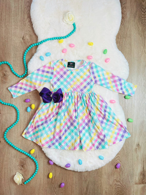 Bowtism Girls Easter Plaid Shimmer Twirl Dress With Matching Bow - Bowtism