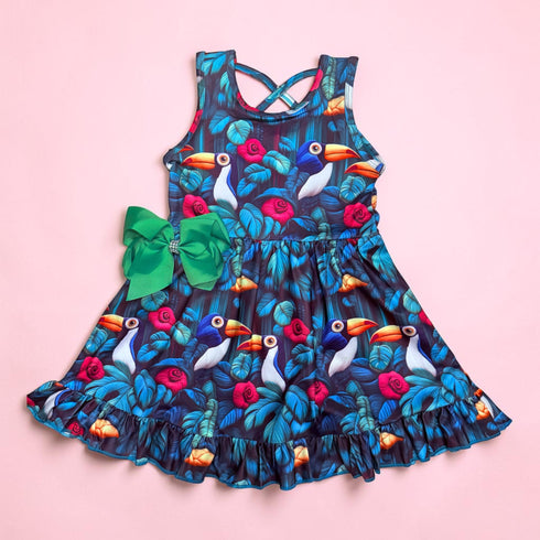 Girls Jungle Toucan Zoo Dress & Matching Bow