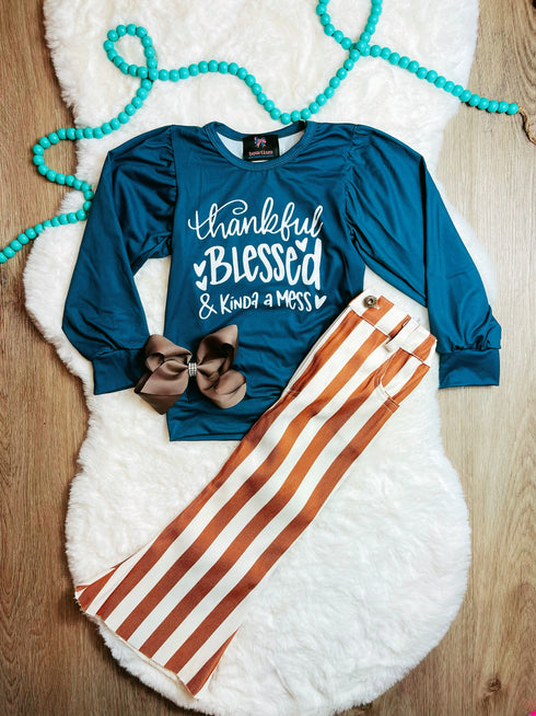 Bowtism Girls Thankful Blessed Flare Denim Pants Set with Matching Bow - Bowtism