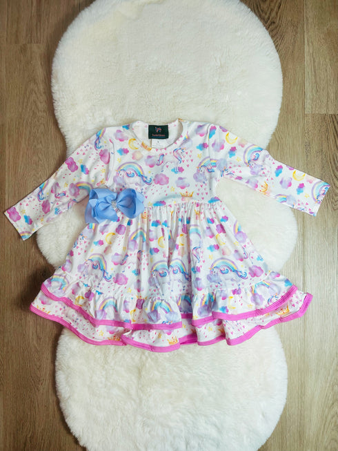 Bowtism Girls Unicorn Party Layered Twirl Dress with Matching Bow - Bowtism