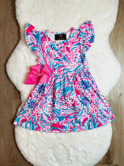 Bowtism Girls Watercolor Pink Floral Flutter Dress with Matching Bow - Bowtism