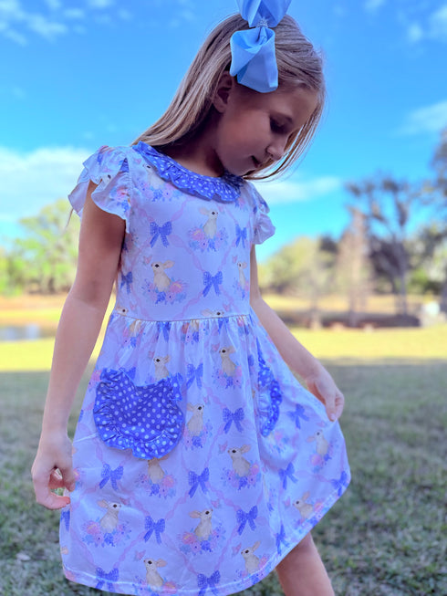 Blue Easter Bunny Dress for Girls + Matching Bow