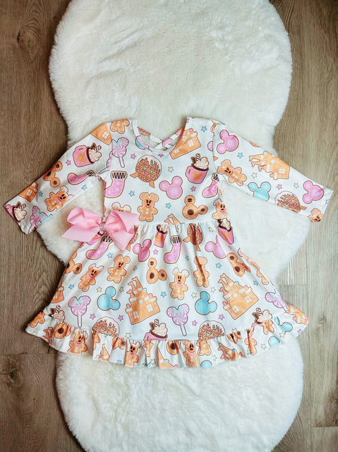 Bowtism Girls Mouse Treats Castle Twirl Dress with Matching Bow - Bowtism