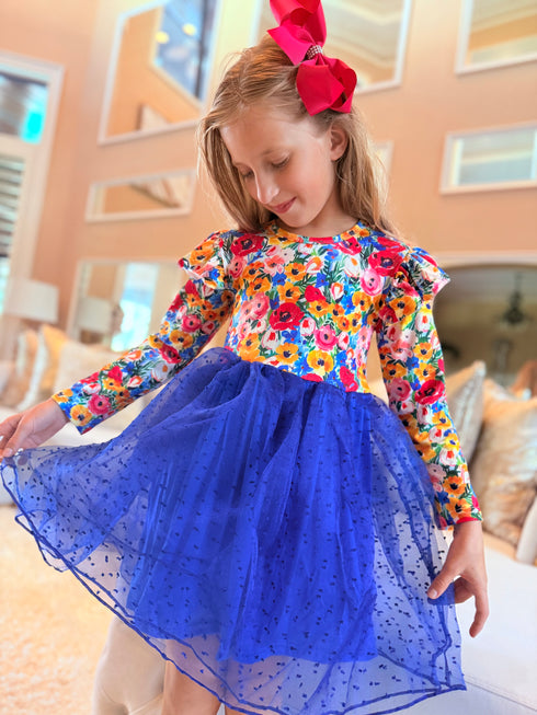Girls Bright Floral Tutu Dress with Matching Bow - Bowtism