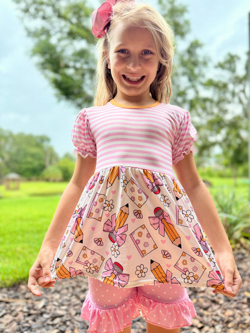 Girls Pink Pencil School Shorts Set with Matching Bow - Bowtism