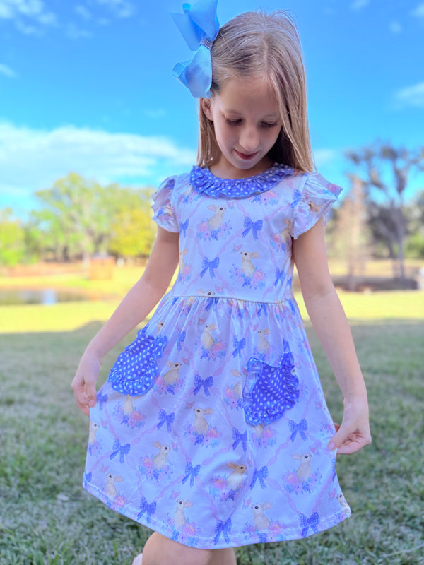 Blue Easter Bunny Dress for Girls + Matching Bow