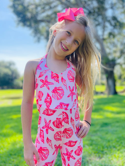 Girls Pink Seashell Flare Romper with Matching Bow - Bowtism