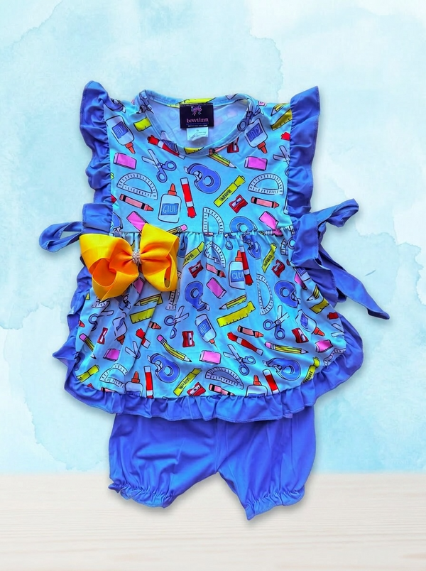Girls School Supplies Shorts Set & Matching Bow