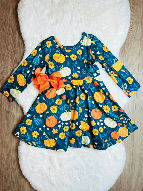 Bowtism Navy Natasha Pumpkin Dress with Matching Bow - Bowtism
