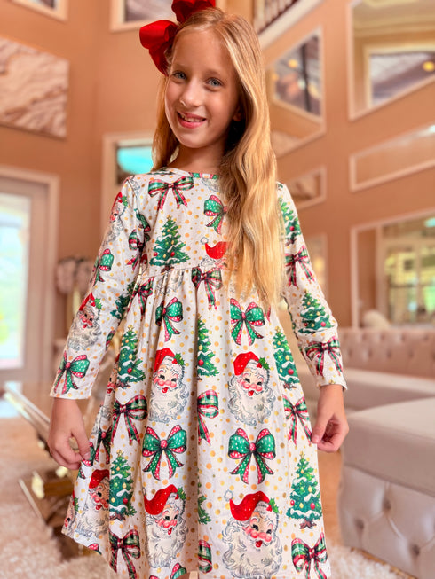 Girls Pink Preppy Christmas Tree Dress with Matching Bow - Bowtism
