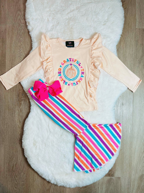 Bowtism Girls Grateful Thankful Blessed Pumpkin Flare Pants Set with Matching Bow - Bowtism