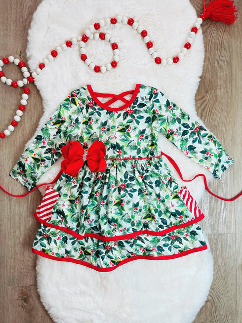 Bowtism Christmas Holly Layered Pocket Twirl Dress with Matching Bow - Bowtism