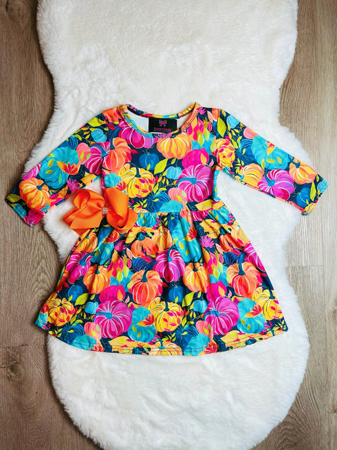 Bowtism Bright Pumpkin Festival Twirl Dress with Matching Bow - Bowtism