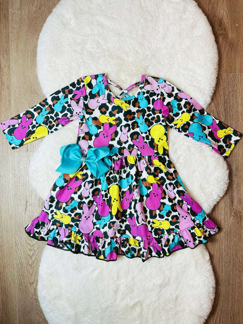 Girls Easter Peeps Cheetah Dress with Matching Bow - Bowtism
