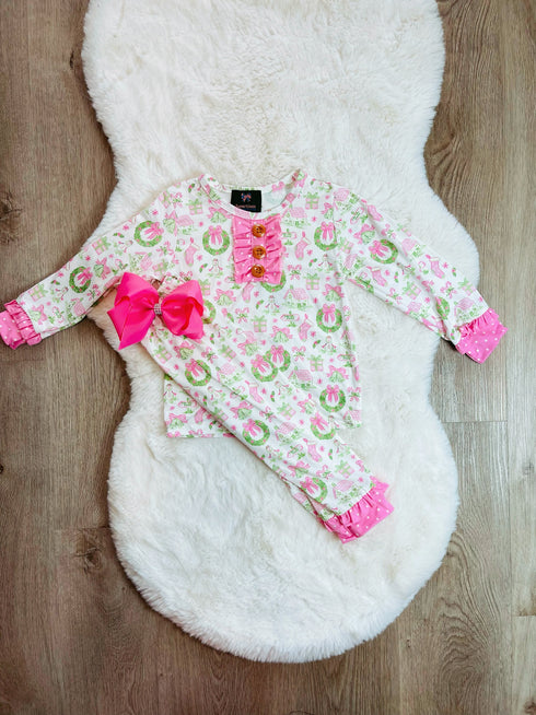 Bowtism Whimsical Night Before Christmas Pink Pajamas Set with Matching Bow - Bowtism