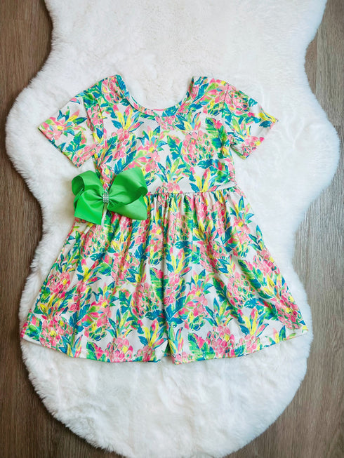 Bowtism Pineapple Paradise Twirl Dress with Matching Bow - Bowtism