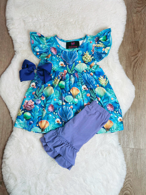 Girls Under The Sea Mermaid Ruffled Shorts Set with Matching Bow - Bowtism