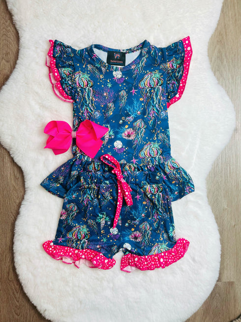 Bowtism Girls Jellyfish Dreams Flutter Shorts Set with Matching Bow - Bowtism