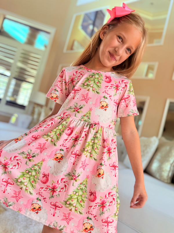 Girls Pink Santa Christmas Tree Dress with Matching Bow