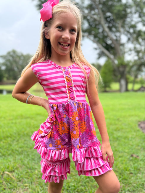 Girls Pink Summer Floral Shorts Set with Matching Bow - Bowtism