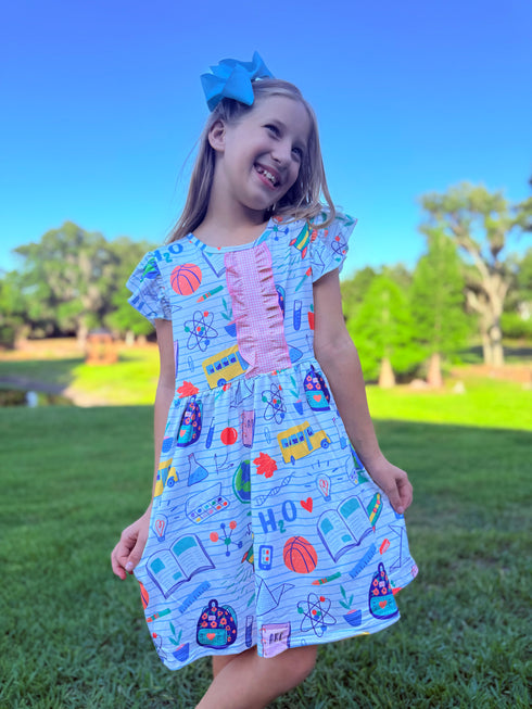 Girls Science Print Dress with Matching Bow