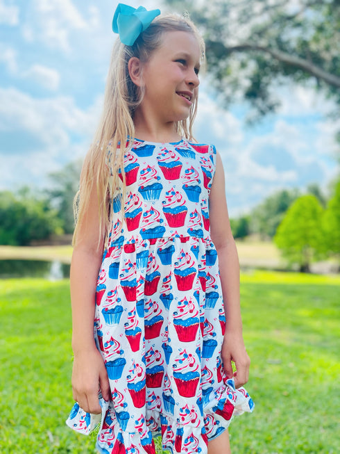Girls Patriotic Cupcake Dress with Matching Bow - Bowtism