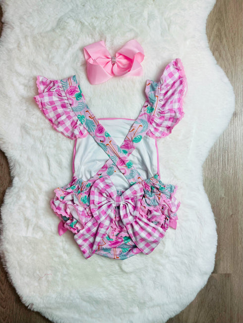 Bowtism Girls Baby Pretty Flamingo Romper with Matching Bow - Bowtism