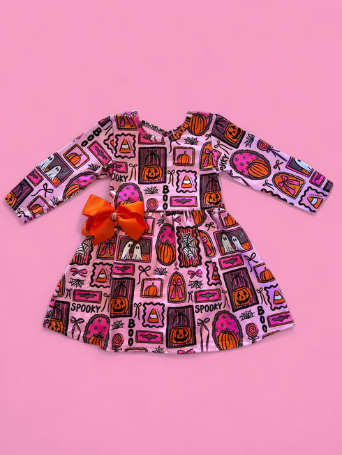 Girls Preppy Pink Halloween Fall Dress with Matching Bow - Bowtism