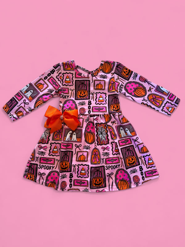 Girls Preppy Pink Halloween Fall Dress with Matching Bow