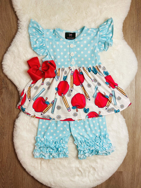 Bowtism Blue School Apple A Day Shorts Set with Matching Bow - Bowtism