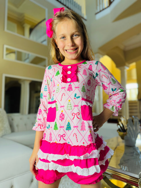 Pink Christmas Dress Shorts Set with Matching Bow