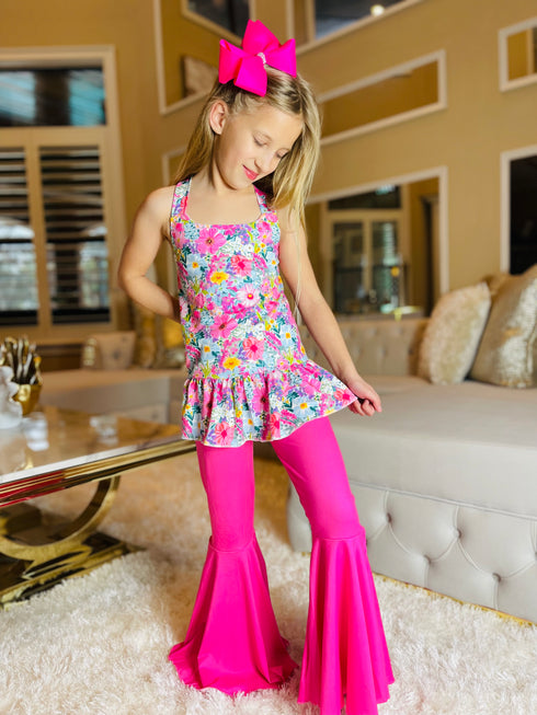Girls Flower Bouquet Flare Pants Set with Matching Bow - Bowtism