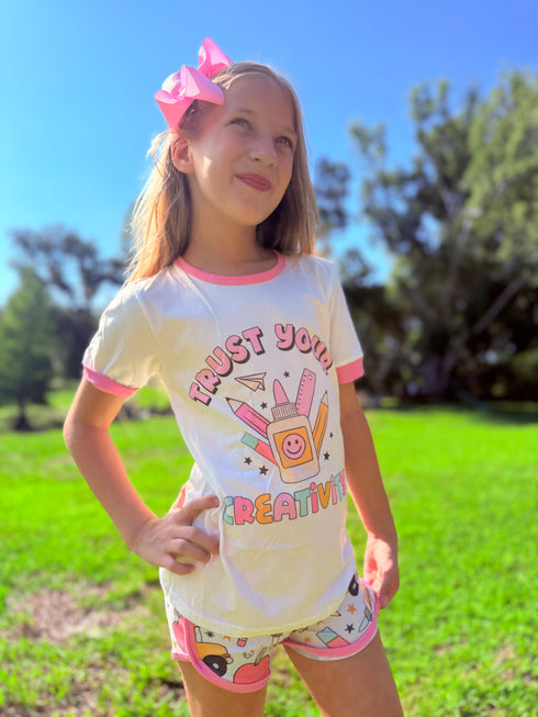 Girls Pink School Shorts Set with Matching Bow