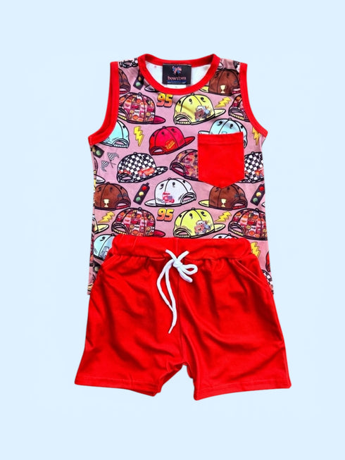 Boys Red Car Shorts Set
