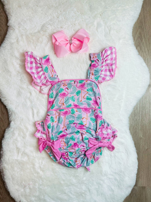 Bowtism Girls Baby Pretty Flamingo Romper with Matching Bow - Bowtism