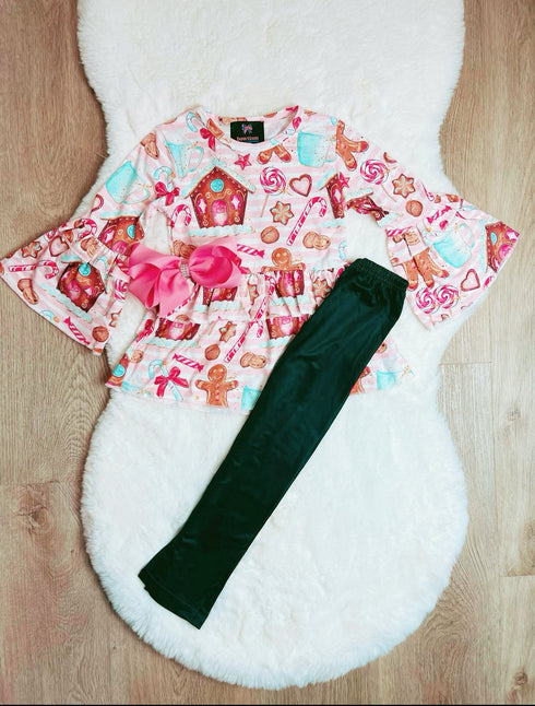 Bowtism Girls Christmas Gingerbread Pink Pants Set with Matching Bow - Bowtism