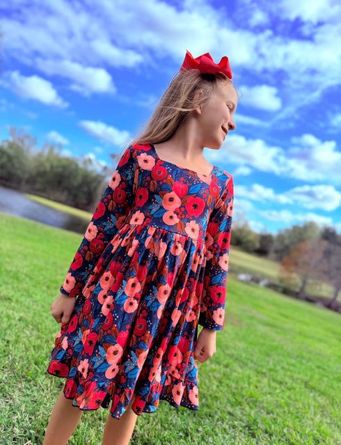 Girls' Pink Fall Floral Dress with Matching Hair Bow