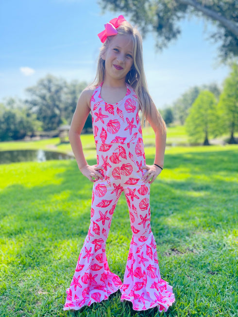 Girls Pink Seashell Flare Romper with Matching Bow - Bowtism