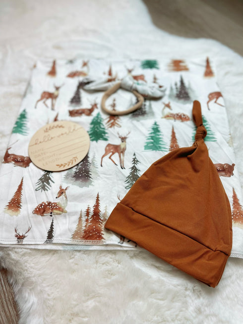 Bowtism Woodlands Nature Swaddle Set with Wooden Birth Plate, Hat & Headband - Bowtism