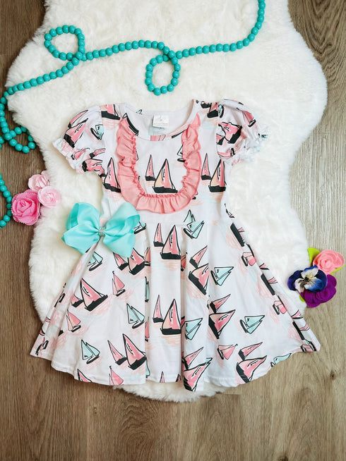 Bowtism Girls Yacht Life Sail Dress with Matching Bow - Bowtism