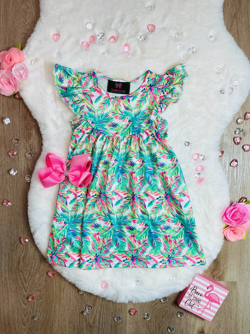 Bowtism Bright Palm Tree Inspired Flutter Dress with Matching Bow - Bowtism