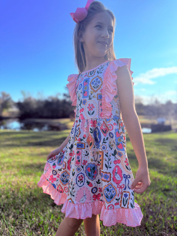 Girls Pink Ruffle Springtime Dress + Matching Bow
