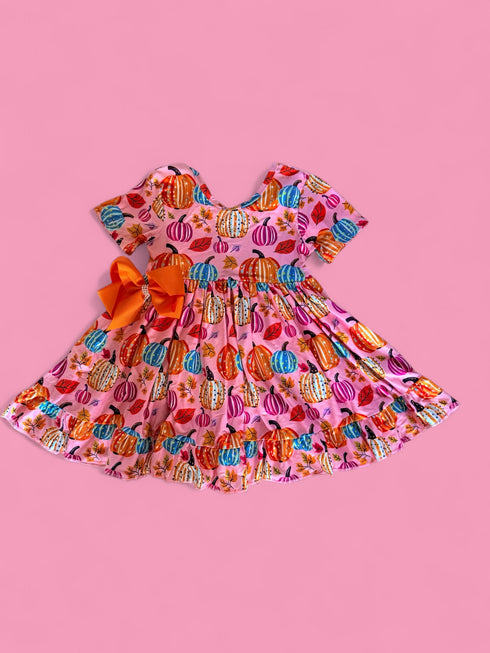 Girls Pink Pumpkin Bow Cut Out Dress with Matching Bow - Bowtism
